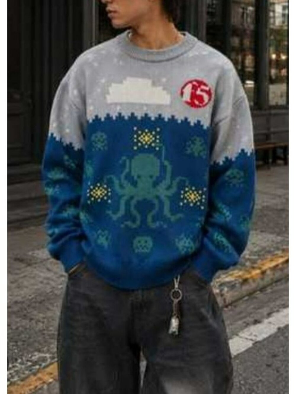 By Roody F5 Pixel Art Octopus Space-Themed Sweater Men's XL Grey Navy